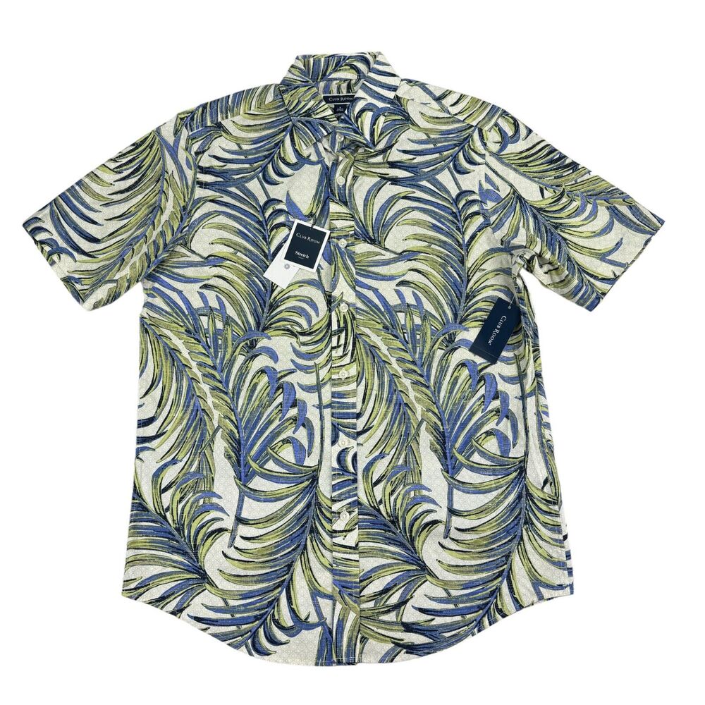 Club Room Mens Beach Palms Short Sleeve Cotton Button Down Shirt Green Blue S
